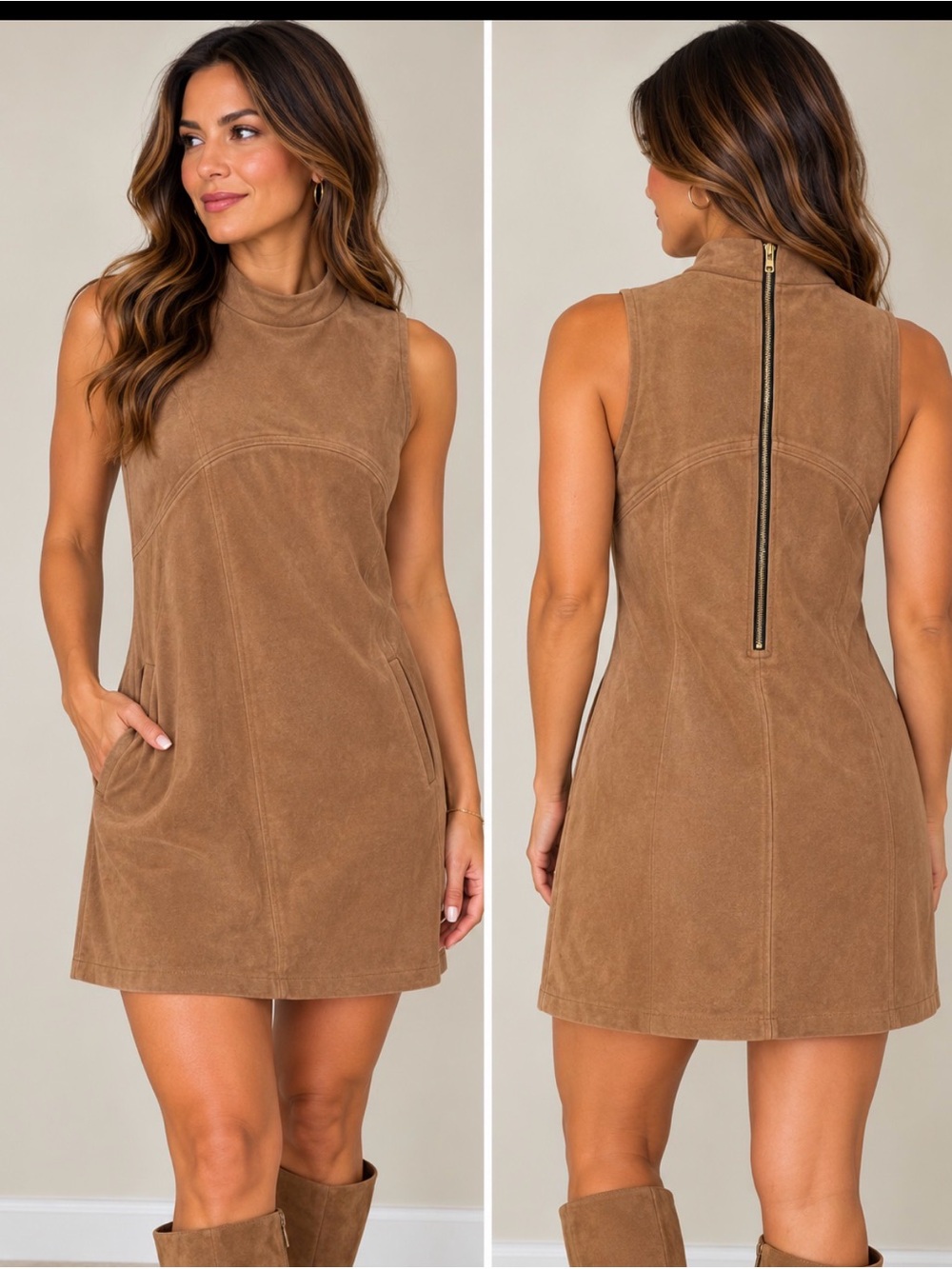 Alfani Sleeveless Faux Suede Tunic Dress - Camel Brown